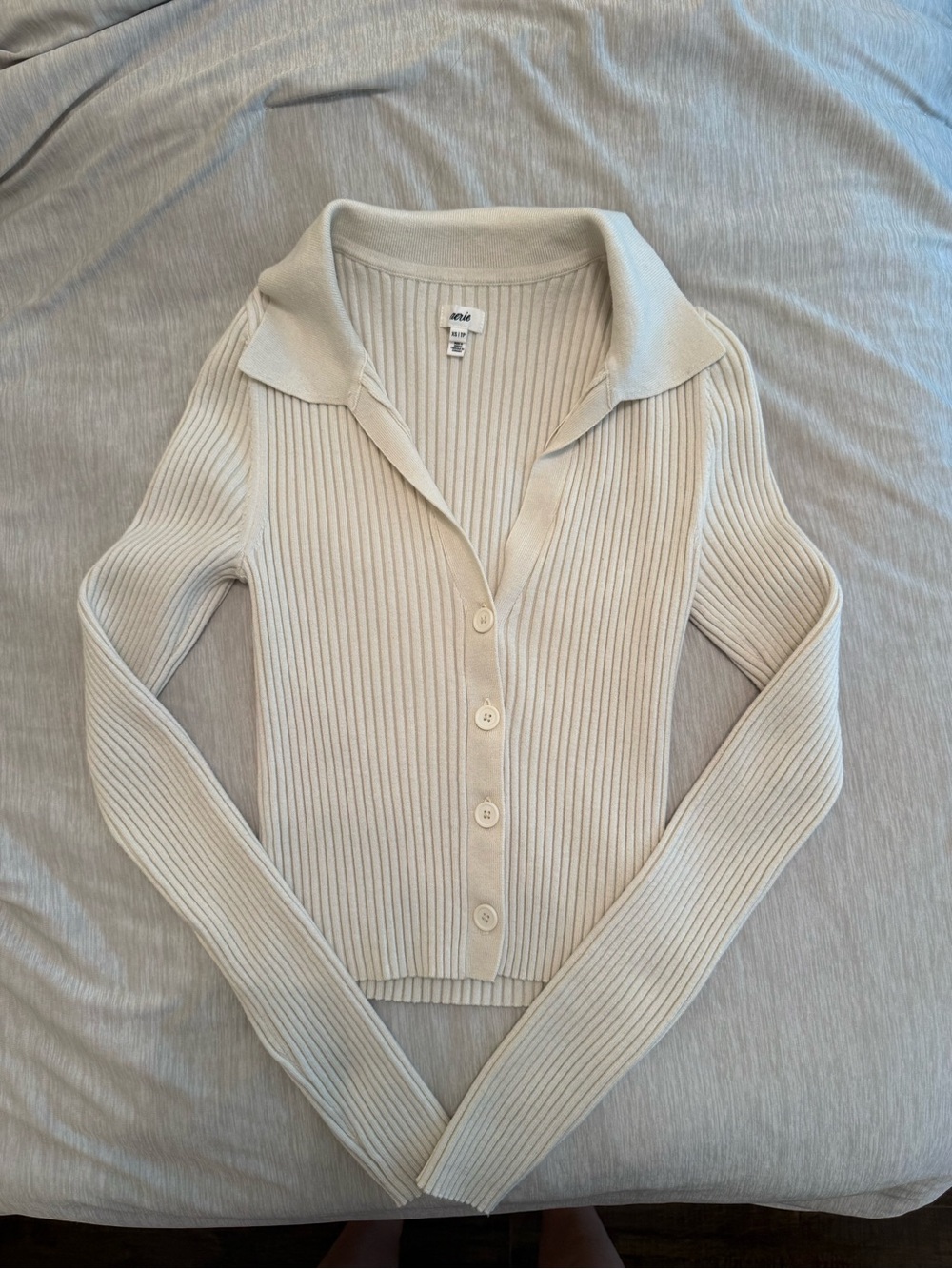 Aerie Ribbed Collared Button-Up Sweater Cardigan - Cream